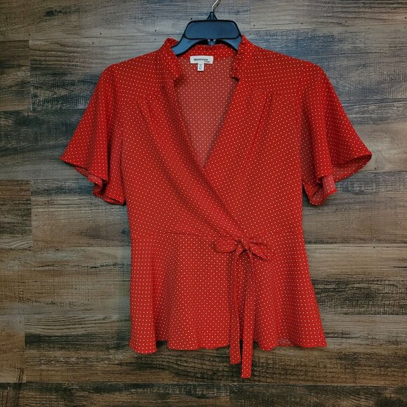 Monteau Surplice Chiffon Top XL Flutter Sleeve Polka Dot Ruffle Tie Waist - Picture 1 of 7